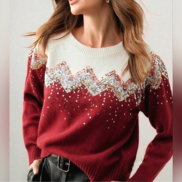NEW Glamorous Red And White Chevron Sequin Sweater - Picture 1 of 8